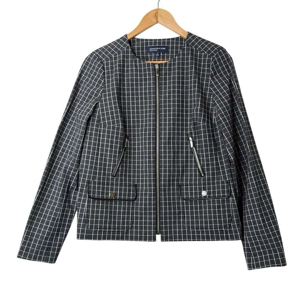 Jones New York Lady Jacket Size S Full Zip Collarless Plaid Windowpane Preppy